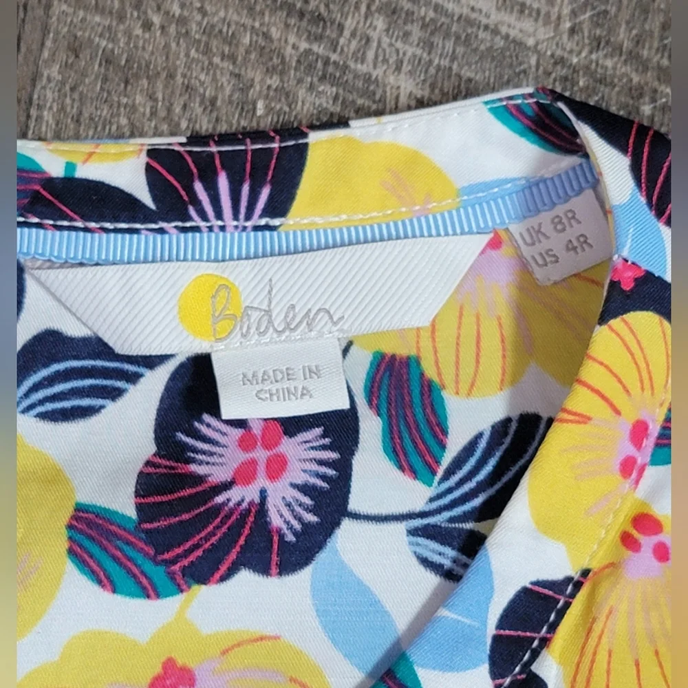 Boden Florence Floral Blouse Women's 4 Yellow Blue Pansies Silk Blend Short Slee